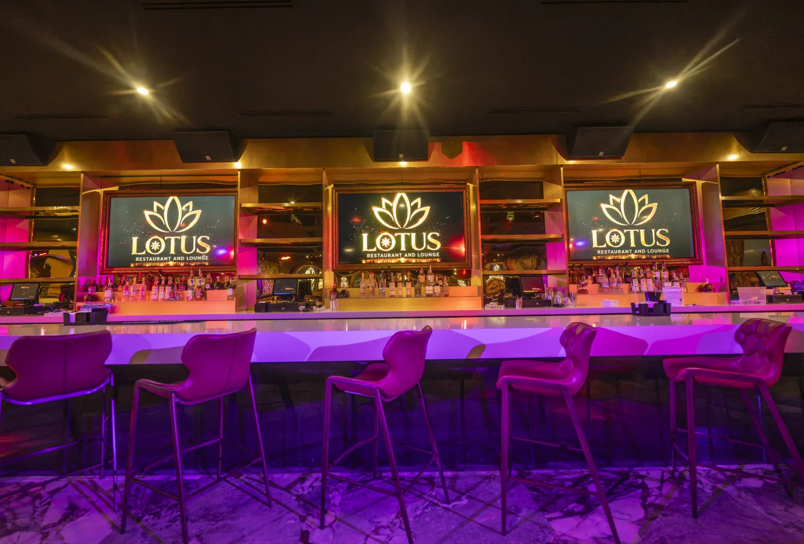 The main bar under violet light, gold LOTUS crests above the bottles.